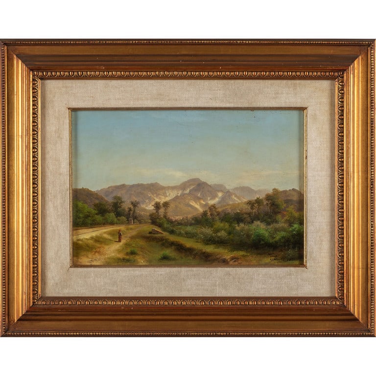 CARLO MARKO' (1822-1891) Alpi apuane lungo la: CARLO MARKO' (1822-1891) Alpi apuane lungo la ferrovia olio su tavola cm.34x23 f.to e d.to in b.a ds. 1882