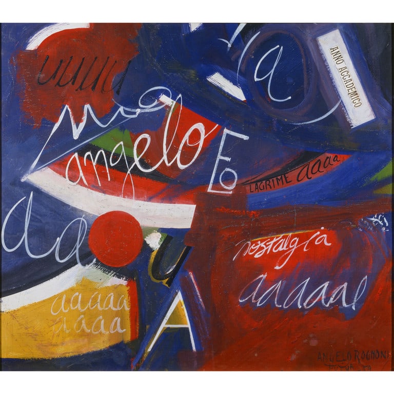 ANGELO ROGNONI (1896-1957) Anno accademico: ANGELO ROGNONI (1896-1957) Anno accademico 1917 ca olio e collage su cartone cm 50x50 firmato in basso a destra Anno accademico 1917 ca oil and collage on cardboard 19,68x19,68 in signed lower right e