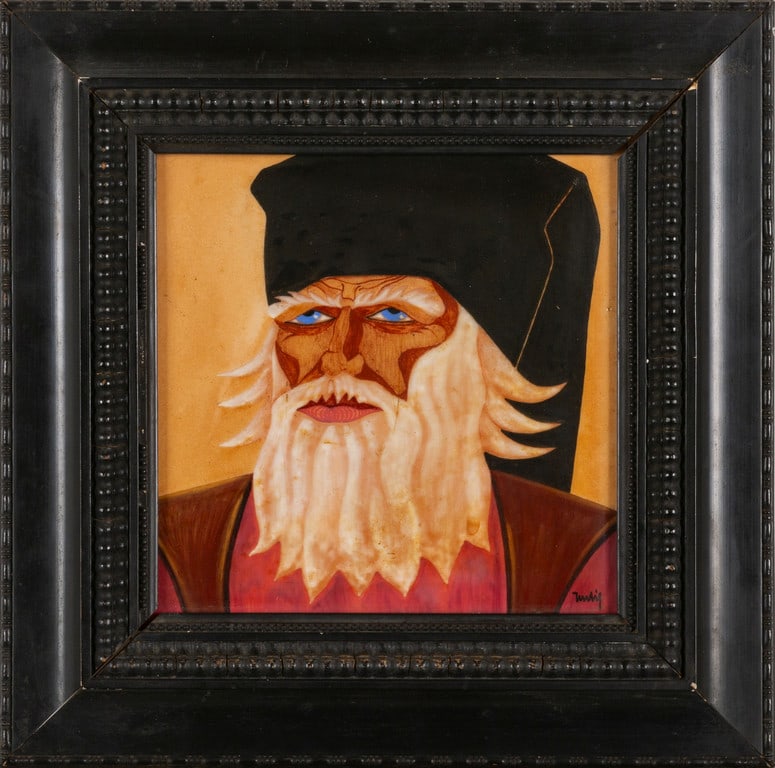 FEDERICO MELIS, S.C.I.C., circa 1929. Una: FEDERICO MELIS, S.C.I.C., circa 1929. Una piastrella 'Vecchio Pastore'. Ceramica decorata a mano e invetriata, cornice in legno intagliato. Firmata sul fronte 'Melis'. Marcata sul retro 'Bottega d'art