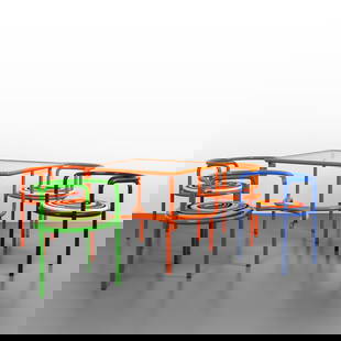 GAE AULENTI, EXTETA, anni '2000. Quattro: GAE AULENTI, EXTETA, anni '2000. Quattro poltroncine e un tavolo della serie 'Locus Solus', produzione Poltronova dal 1965 e rieditate da Exteta. Tubo di acciaio smaltato, lamiera traforata, cristallo