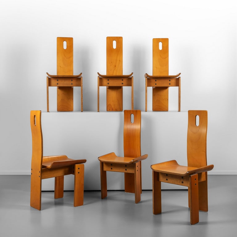 EDOARDO LANDI, NIKOL, anni '70. Sei sedie: EDOARDO LANDI, NIKOL, anni '70. Sei sedie 'Diago'. Compensato placcato in acero. Cm 100 (h) x 45 (l) x 50 (p).