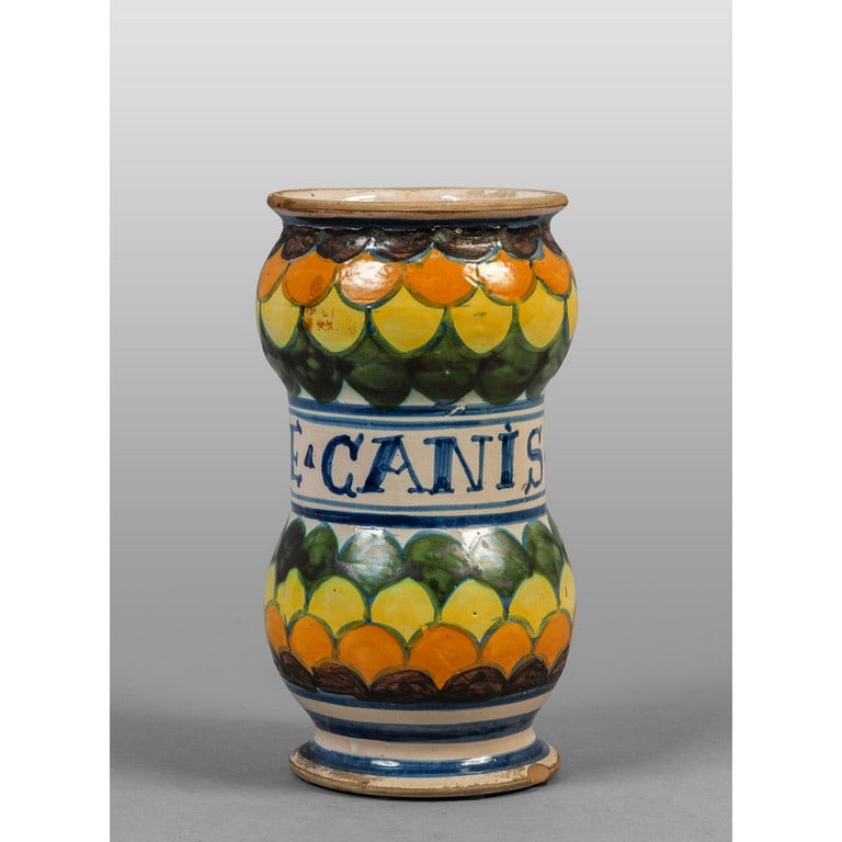 Albarello in ceramica decorato in policromia,: Albarello in ceramica decorato in policromia, Italia Meridionale sec.XIX h.cm.18