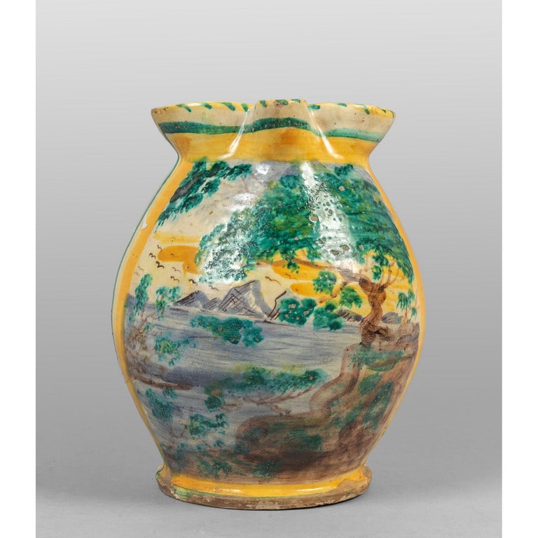 Versatoio in ceramica policroma decorato con: Versatoio in ceramica policroma decorato con paesaggio, Italia Meridionale sec.XX h.cm.22