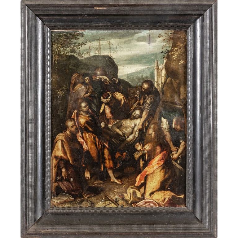 Scuola marchigiana sec.XVII (cerchia di Federico: Scuola marchigiana sec.XVII (cerchia di Federico Barocci) "Deposizione" olio, bella cornice in legno intagliato e dorato cm. 60x80