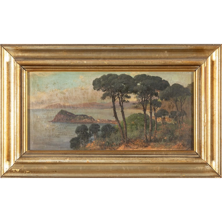HENRY MARKO' (1855-1921) La Baia del: HENRY MARKO' (1855-1921) La Baia del Silenzio olio cm.43x21 f.to in b. a ds.