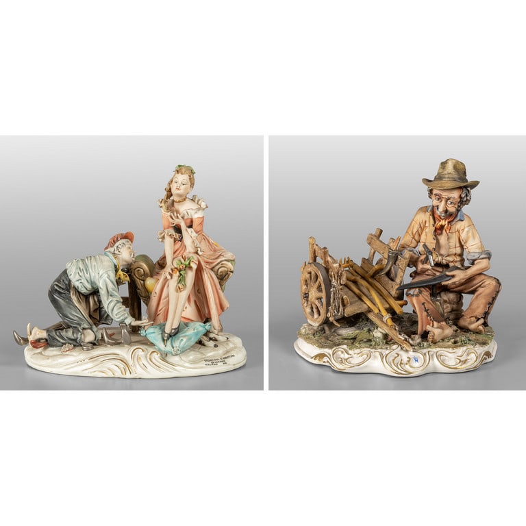 Sogno del ciabattino e contadino con il carretto,: Sogno del ciabattino e contadino con il carretto, due gruppi in porcellana marcati Capodimonte, sec.XX h.cm.18 e 23