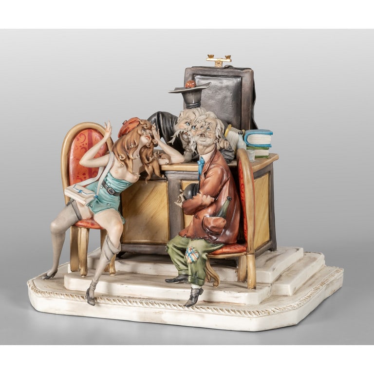 Il processo al seduttore, gruppo in porcellana: Il processo al seduttore, gruppo in porcellana marcato Capodimonte, sec.XX cm. 25x22 h. 23