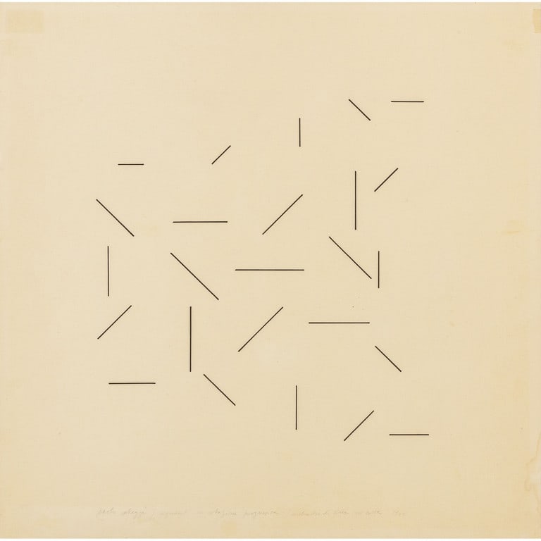 PAOLO SCHEGGI (1940-1971) Segmenti in: PAOLO SCHEGGI (1940-1971) Segmenti in rotazione progressiva 1965 inchiostro di china su carta cm 44x44 firmato, datato e titolato in basso al centro Segmenti in rotazione progressiva 1965 India ink on