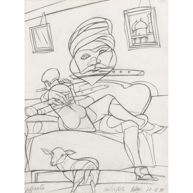 VALERIO ADAMI (1935-) Pifferata Zauberflote: VALERIO ADAMI (1935-) Pifferata Zauberflote (20/12/1990) disegno a carboncino cm 48x36 firmato e datato in basso a destra sul retro: etichetta della Galerie Lelong, Parigi Pifferata Zauberflote (20/12