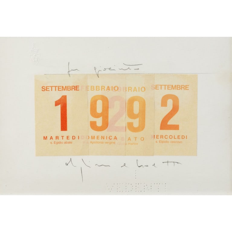 ALIGHIERO BOETTI (1940-1994) Calendario: ALIGHIERO BOETTI (1940-1994) Calendario (dalla serie I Vedenti) 1992 collage su carta cm 17x25 firmato in basso al centro dedicato in alto al centro Opera nota all'Archivio Alighiero Boetti, Roma Cale