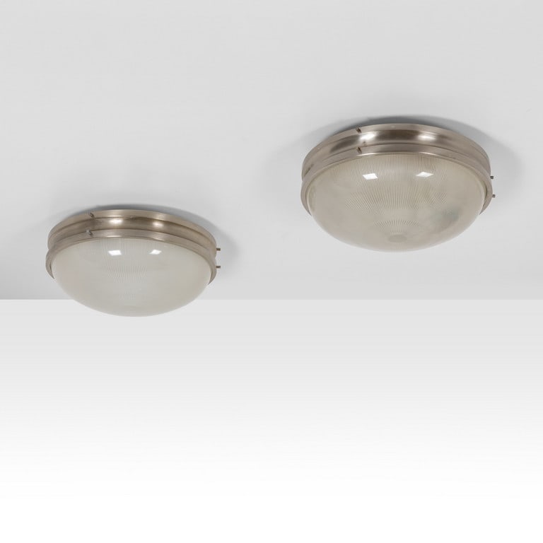 SERGIO MAZZA, ARTEMIDE, 1960. Due lampade a: SERGIO MAZZA, ARTEMIDE, 1960. Due lampade a plafone 'Sigma'. Ottone nichelato, vetro stampato. Cm 20 (h) x 36 (diam.) Letteratura: Domus 399 (febbraio 1963), p. d/108 catalogo Artemide 1973, p. 94.
