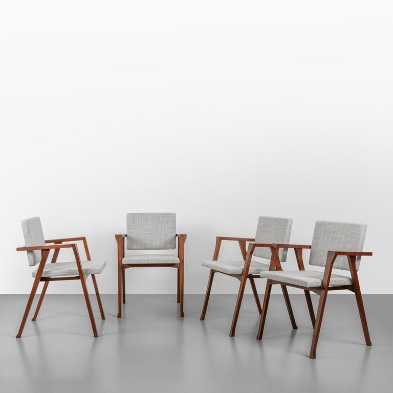 FRANCO ALBINI, POGGI, 1955. Quattro: FRANCO ALBINI, POGGI, 1955. Quattro poltroncine 'Luisa'. Legno di teak, imbottiture rivestite in tessuto. Cm 76 (h) x 54 (l) x 54 (p). A set of four 'Luisa' armchairs. Teak wood and vinyl upholstery.