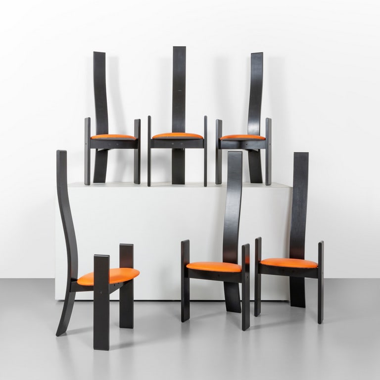 VICO MAGISTRETTI, POGGI, 1969. Sei sedie: VICO MAGISTRETTI, POGGI, 1969. Sei sedie 'Golem'. Legno laccato, sedute imbottite rivestite in vinilpelle. Cm 126 (h) x 50 (l) x 56 (p). A set of six 'Golem' chairs. Laquered wood, vinyl upholstery. I