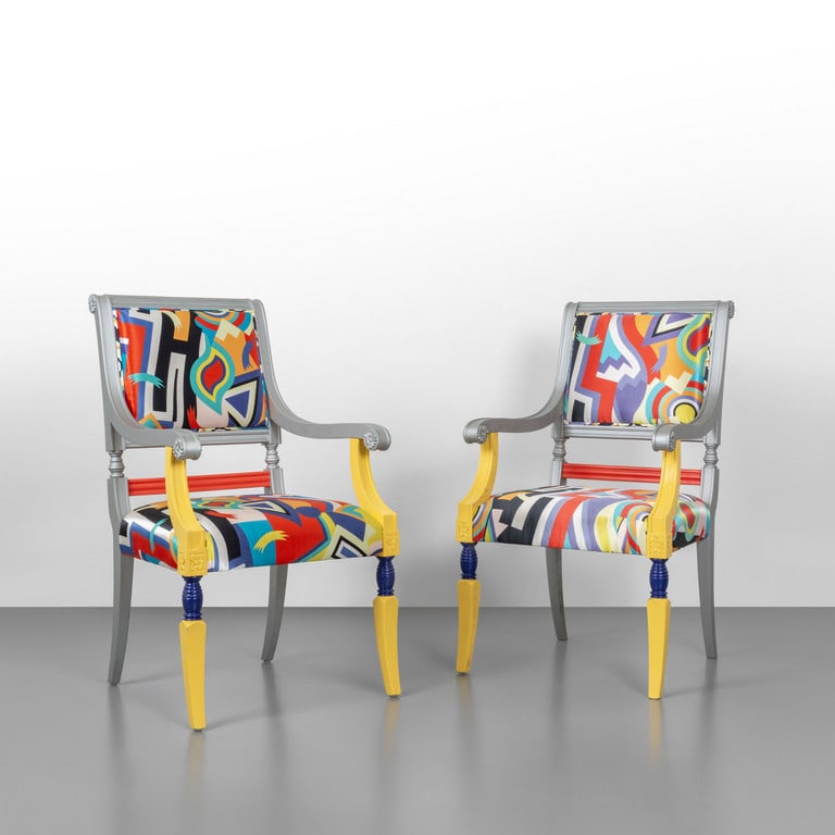 ALESSANDRO MENDINI, BYBLOS CASA, 2009. Due: ALESSANDRO MENDINI, BYBLOS CASA, 2009. Due poltroncine della collezione 'Revival'. Strutture in legno laccato, imbottiture rivestite in tessuto. Marchio della Manifattura sul tessuto. Cm 105 (h) x 61