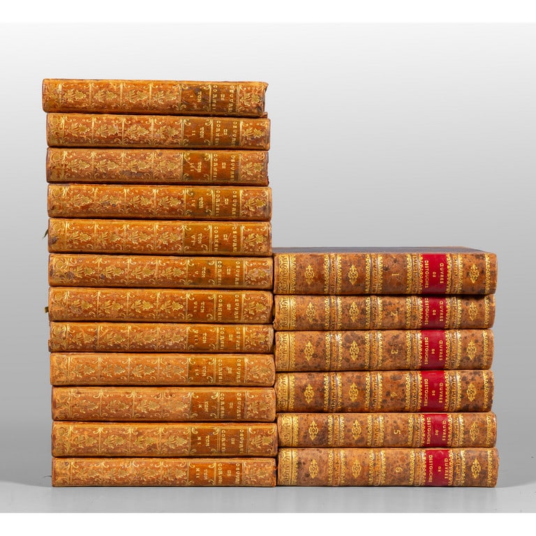 Teatro francese A) Pierre Corneille,: Teatro francese A) Pierre Corneille, Théâtre... avec des commentaires. [Ginevra, Cramer]. 1764. 12 volumi, in-8°. Gradevoli legature d'epoca in vitello marmorizzato a dorso liscio con motivi florea