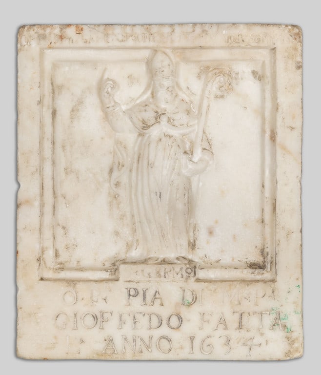 San Gerolamo, placca in marmo statuario scolpito,: San Gerolamo, placca in marmo statuario scolpito, d.ta 1634 cm. 22x h. 25,5
