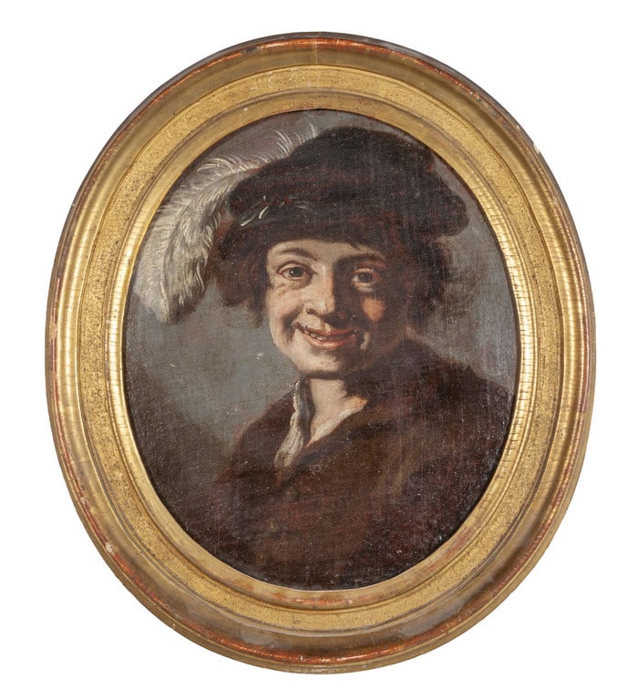 Scuola lombarda sec. XVIII "Ragazzo con berretto": Scuola lombarda sec. XVIII "Ragazzo con berretto" olio su tela incollata su tavoletta di forma ovale cm. 31x38