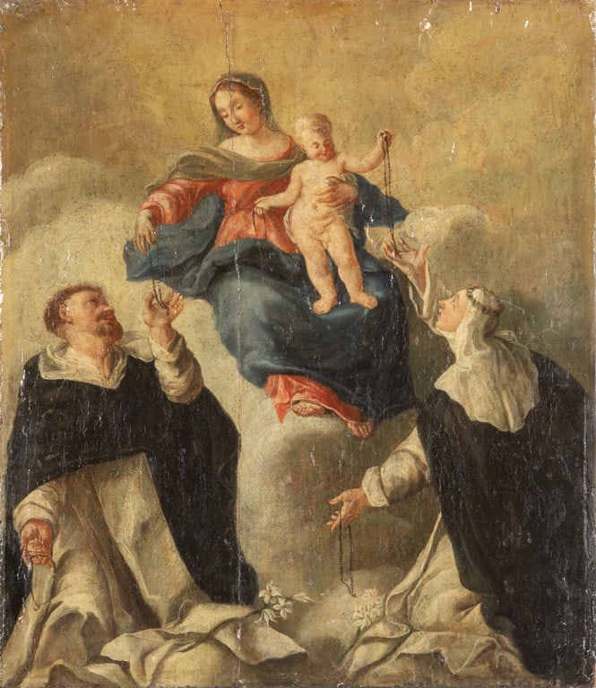Scuola italiana sec.XVIII "Madonna con Bambino,: Scuola italiana sec.XVIII "Madonna con Bambino, San Domenico e Santa Caterina" olio su tavola cm. 56x64