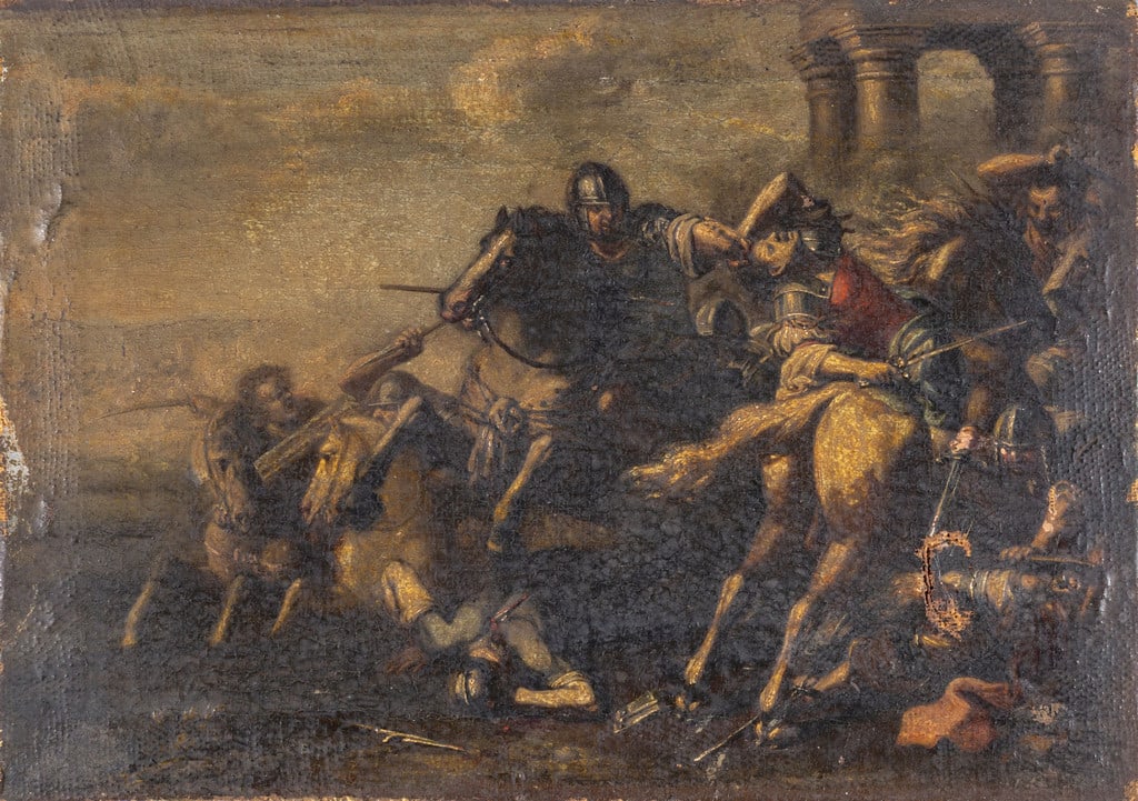 Scuola emiliana sec.XVII "Battaglia" olio cm. (1 of 2)