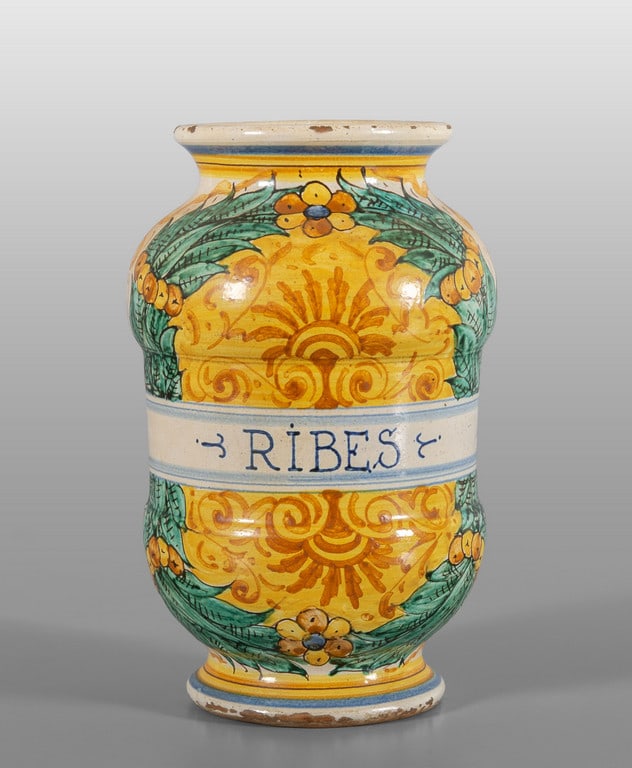 Albarello a rocchetto in maiolica policroma, (1 of 1)