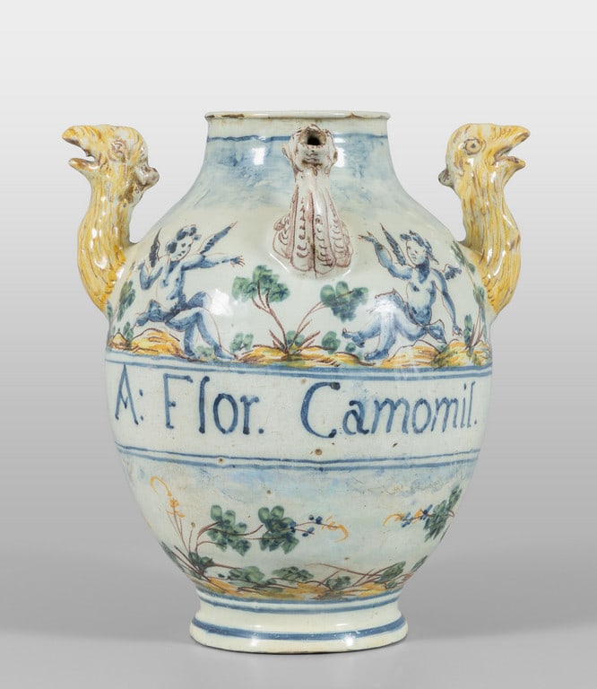 Idria in maiolica policroma, scritta medicinale, (1 of 2)