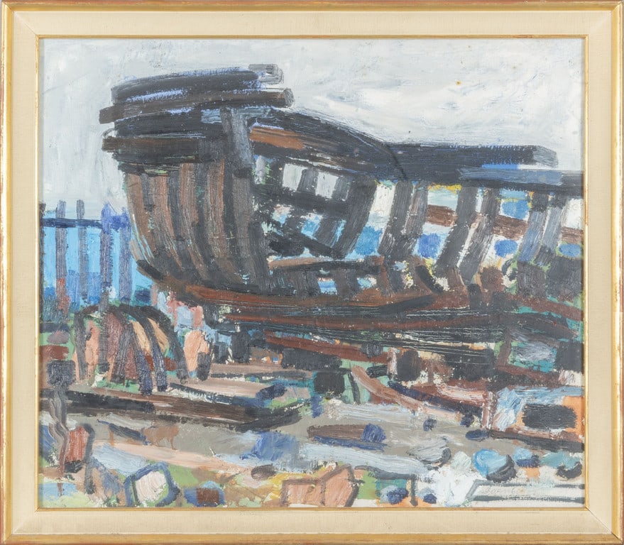 Cantiere navale olio, cm.70x60 f.to in b. a: Cantiere navale olio, cm.70x60 f.to in b. a ds.