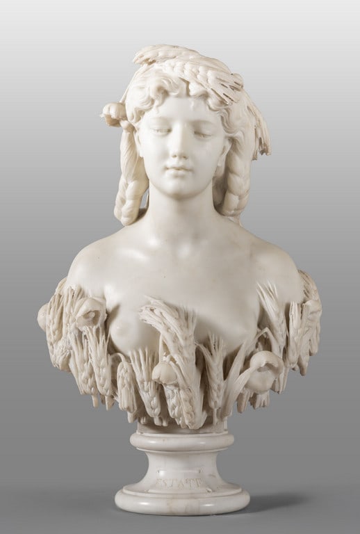 BOTTINELLI ANTONIO (1827-1898) Allegoria: BOTTINELLI ANTONIO (1827-1898) Allegoria dell'estate scultura in marmo h.cm.65 busto, h.tot.cm.80 f.to nel retro sulla base A.Bottinelli Roma