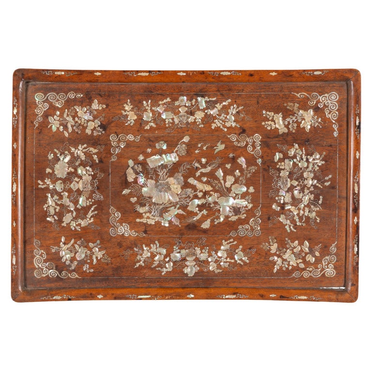 Vassoio in legno intarsiato in madreperla, (1 of 1)