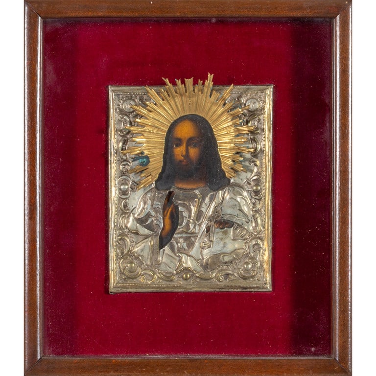 Cristo, icona su tavola con riza in metallo (1 of 1)
