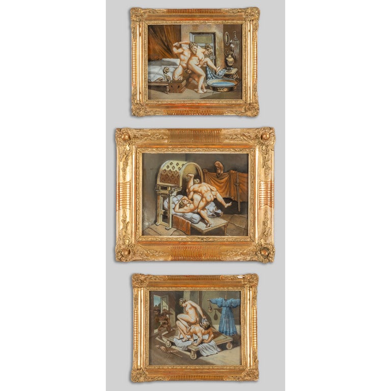 Scene erotiche, tre dipinti su vetro, cornici (1 of 4)