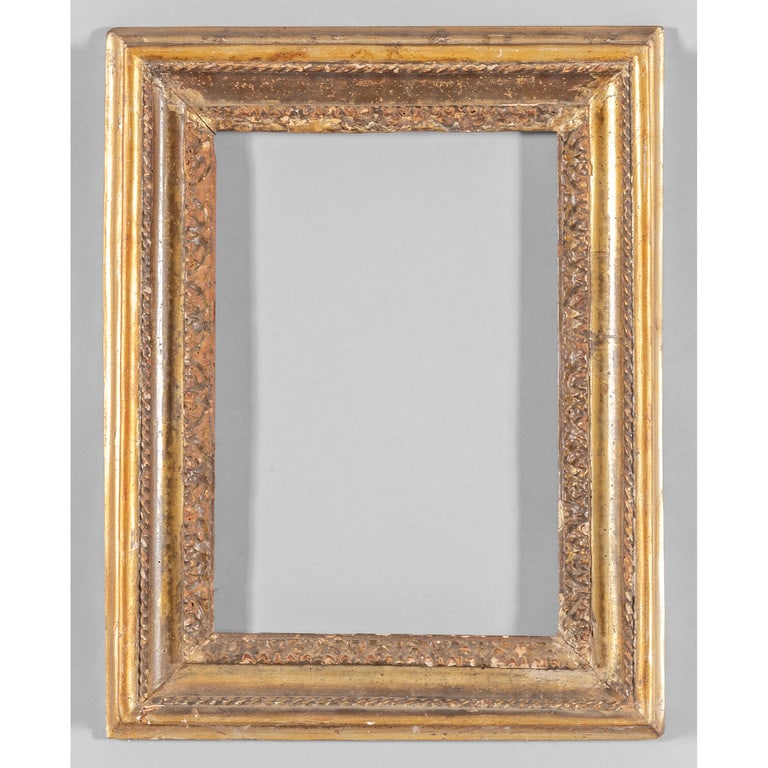 Antica cornice in legno intagliato e dorato,: Antica cornice in legno intagliato e dorato, Piemonte sec.XVII luce cm.35x51