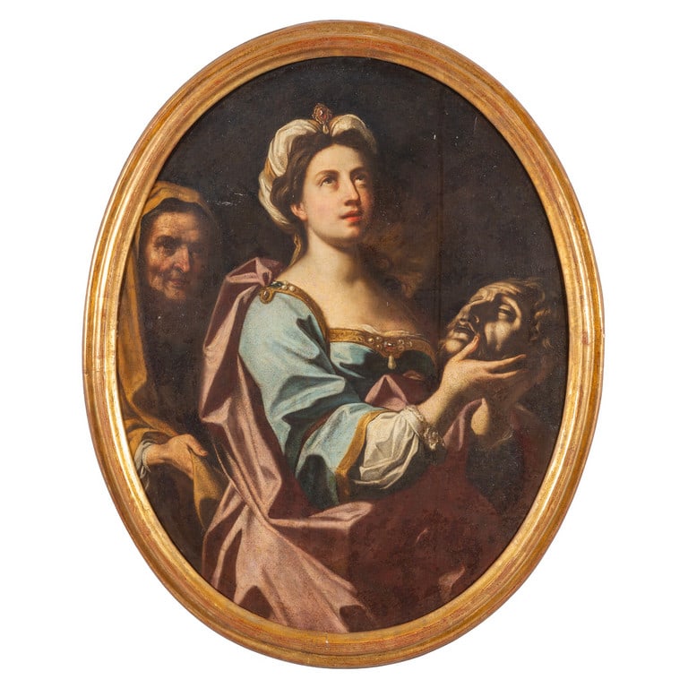 Scuola italiana sec.XVIII "Salomè con la testa: Scuola italiana sec.XVIII "Salomè con la testa del Battista" olio di forma ovale cm. 70x90
