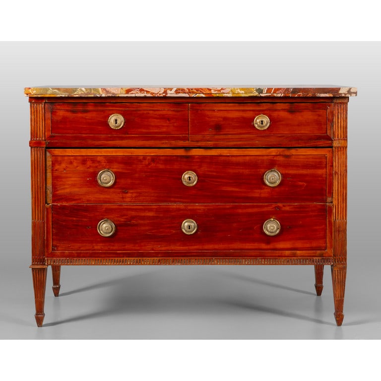 Comò Luigi XVI in ciliegio a due cassetti grandi: Comò Luigi XVI in ciliegio a due cassetti grandi più due piccoli, montanti scanalati, piano in breccia policroma, Piemonte fine sec.XVIII cm. 124x59 h. 92