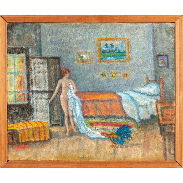 DARIO RE (1913-) Nudo con gallo olio su: DARIO RE (1913-) Nudo con gallo olio su garza incollata su faesite cm.80x65 f.to b. a s.