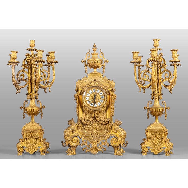 Trittico da camino in bronzo con due candelieri a (1 of 1)