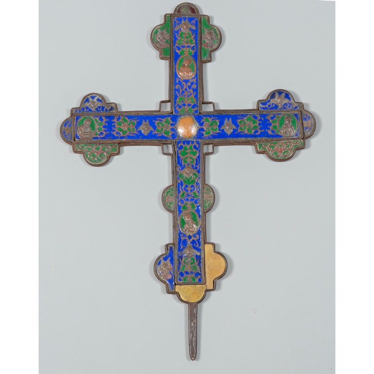 Croce in metallo smaltato sec. XIX con custodia (1 of 3)