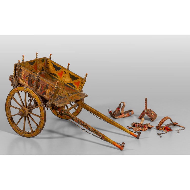Carretto siciliano in legno dipinto in policromia: Carretto siciliano in legno dipinto in policromia con pannelli raffiguranti scene storiche, sec.XIX cm. 115x60 h. 60