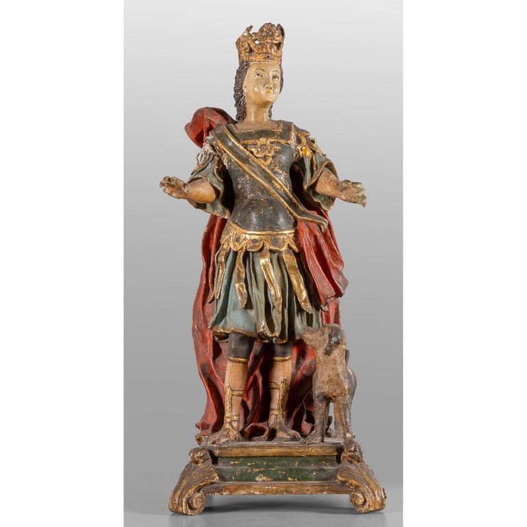 San Rocco con il cane, scultura in cartapesta: San Rocco con il cane, scultura in cartapesta laccata, sec.XVIII h.cm.105, difetti