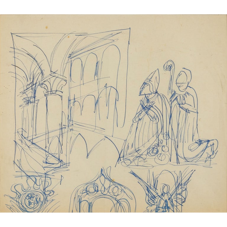 FORTUNATO DEPERO (1892-1960) Studio per: FORTUNATO DEPERO (1892-1960) Studio per dipinto (anni 40) inchiostro su carta cm 24,5x27,7 sul retro: etichetta de La Scaletta, San Polo (RE) il disegno è eseguito sulla locandina dei Dopolavori Azie