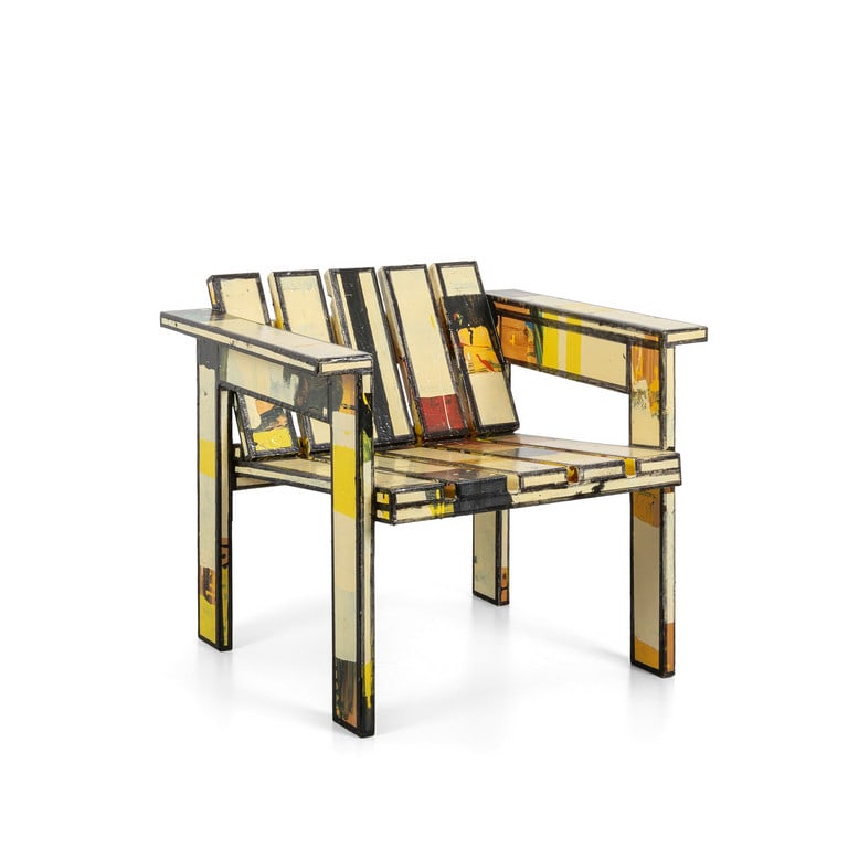 RICHARD WOODS (1966-) Dirty Chair #1: RICHARD WOODS (1966-) Dirty Chair #1 2013 oil and glue on wood cm 63x72x64 firmato, datato e titolato sotto la seduta provenienza: già Collezione Pierluigi e Natalina Remotti, Milano- Camogli (GE) Di