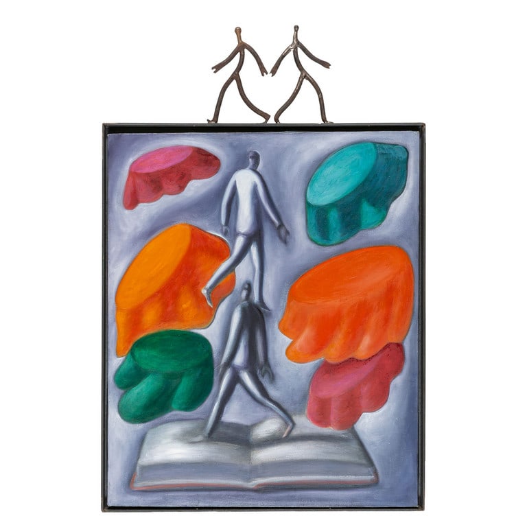 ROBERTO BARNI (1939-) Sottosopra olio su: ROBERTO BARNI (1939-) Sottosopra olio su tela con cornice in ferro lavorato cm 78,5x52 (con cornice) / cm 60x50 (senza cornice) firmato e titolato sul retro Sottosopra oil on canvas with wrought iron