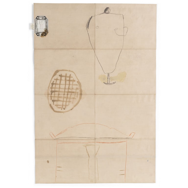 JAMES BROWN (1951-2020) Eight Aspects of: JAMES BROWN (1951-2020) Eight Aspects of Leisure V 1986 tecnica mista su lino su carta cm 87x58,5 firmato, datato e titolato sul retro Eight Aspects of Leisure V 1986 mixed media on linen on paper 34,