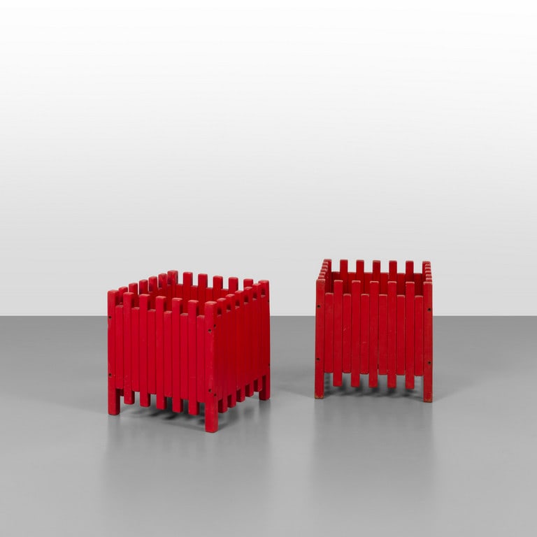ETTORE SOTTSASS, POLTRONOVA, 1962. Due: ETTORE SOTTSASS, POLTRONOVA, 1962. Due portavasi. Legno laccato. Cm 36 (h) x 36 x 36. A pair of flowerpots holder. Painted wood. Inches 14.1 (h) x 14.1 x 14.1. Letteratura: (versione portaombrelli): P