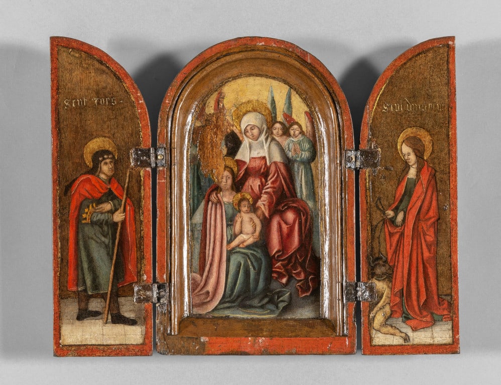 Trittico su tavola raffigurante Madonna con: Trittico su tavola raffigurante Madonna con Bambino tra due Santi, Nord Europa sec.XVII chiuso cm.22x36, aperto cm.45x36