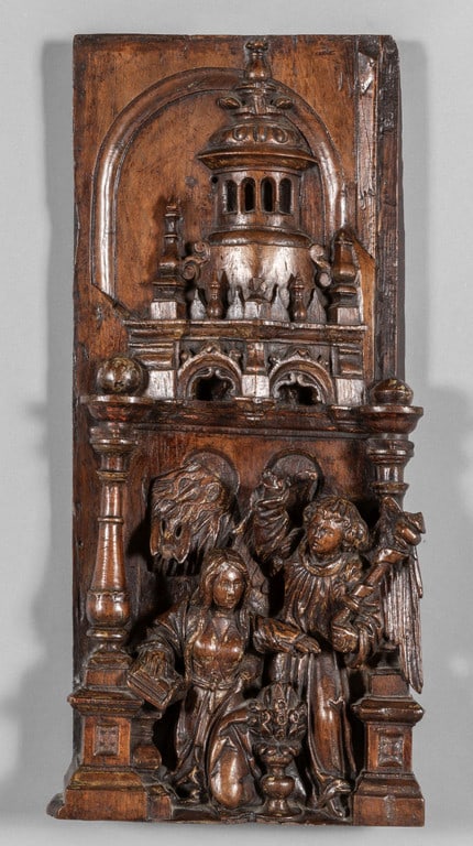 Annunciazione, pannello in legno scolpito,: Annunciazione, pannello in legno scolpito, Francia sec.XVI cm. 30x66