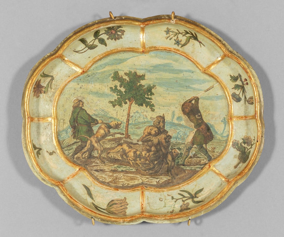 Vassoietto in arte povera con scena di caccia, (1 of 1)