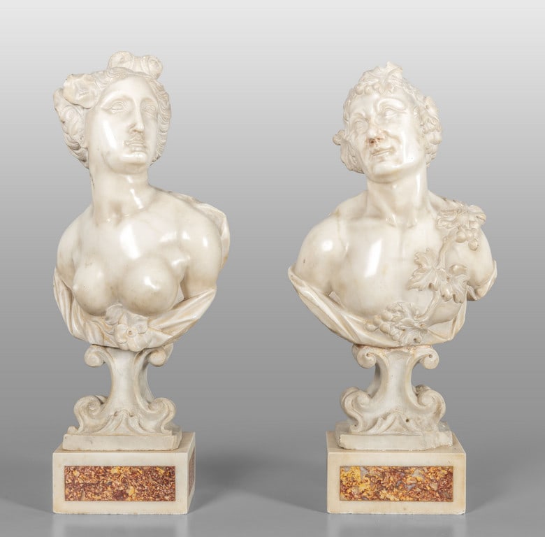 Bacco e Arianna, coppia di busti in marmo: Bacco e Arianna, coppia di busti in marmo statuario, Genova sec.XVII h.tot.cm.56