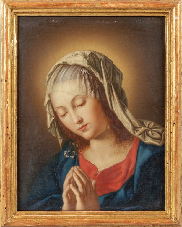 Scuola italiana sec.XVIII "Madonna orante" olio: Scuola italiana sec.XVIII "Madonna orante" olio cornice in legno intagliato e dorato cm. 23x31