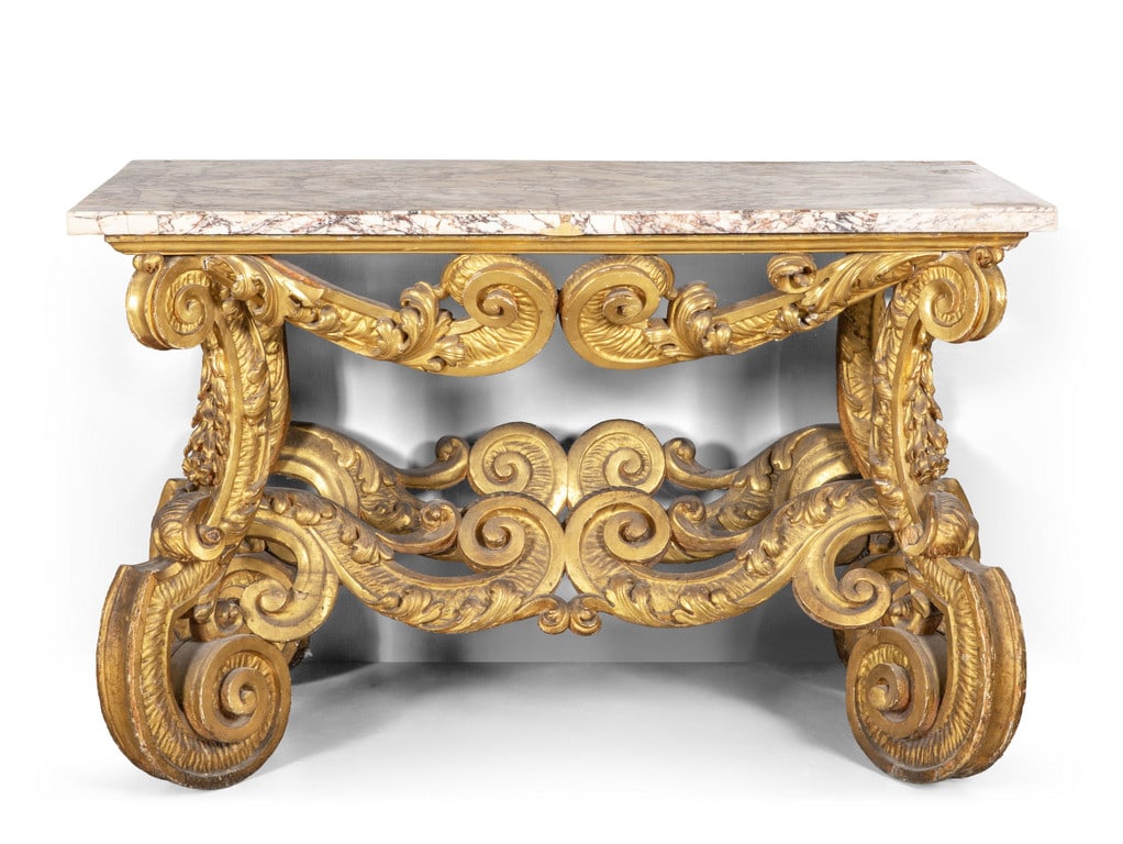 Console a volute in legno intagliato e dorato,: Console a volute in legno intagliato e dorato, piano lastronato in breccia, Roma inizi sec.XVIII cm. 155x76 h. 84