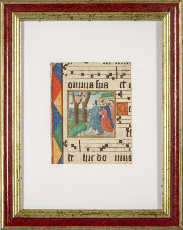 "L'incontro di Zaccheo" miniatura su pergamena,: "L'incontro di Zaccheo" miniatura su pergamena, fine sec.XV cm. 16x21